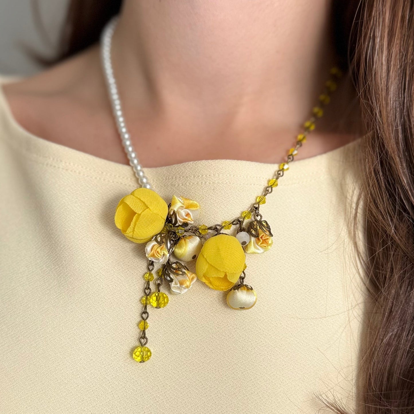 Bronze Floral Pearl Collar Statement Necklace with Sunglow Cotton & Silk Roses and Genuine Crystals