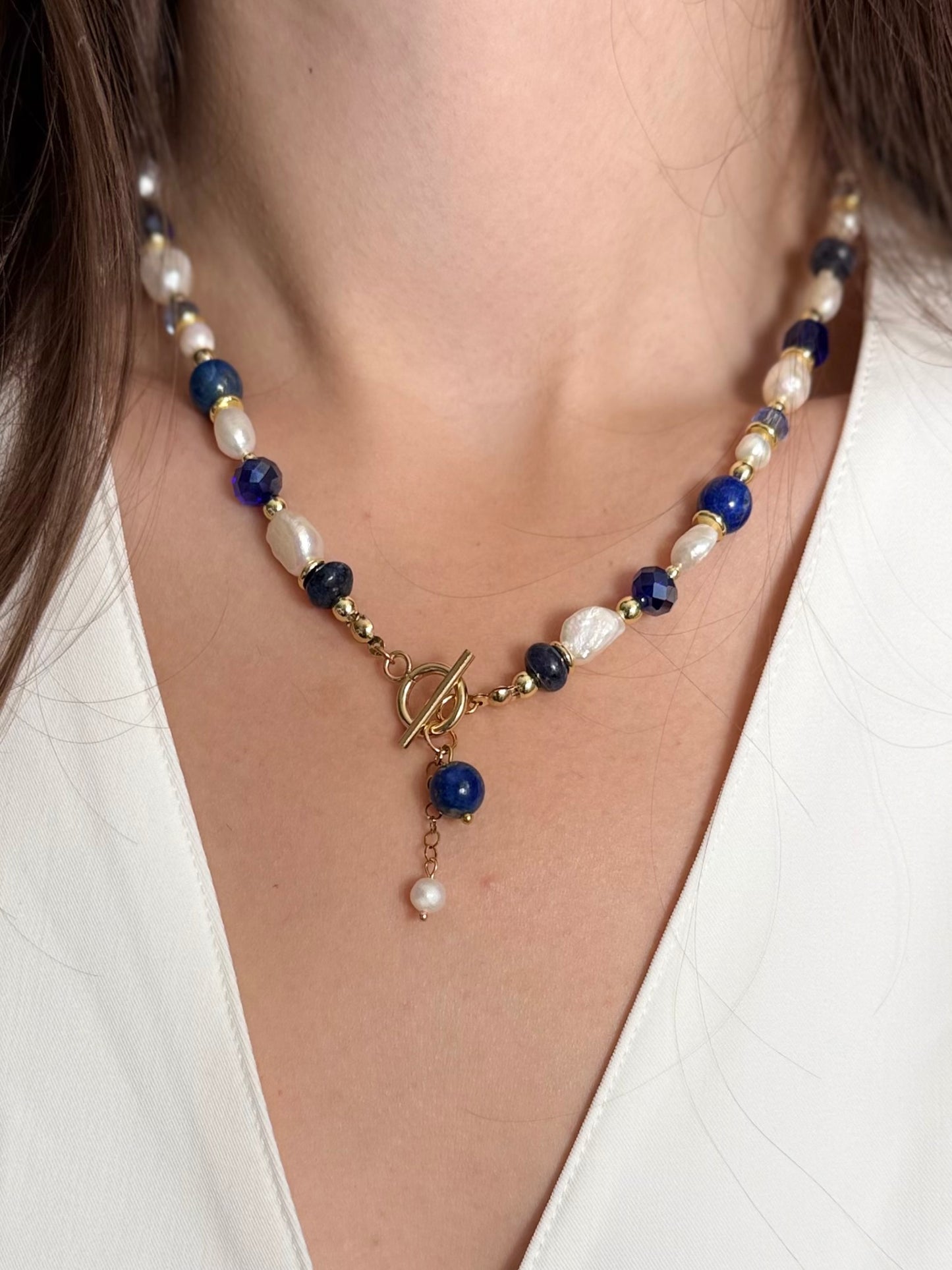 18K Gold Freshwater Pearl & Deep Blue Onyx Toggle Necklace
