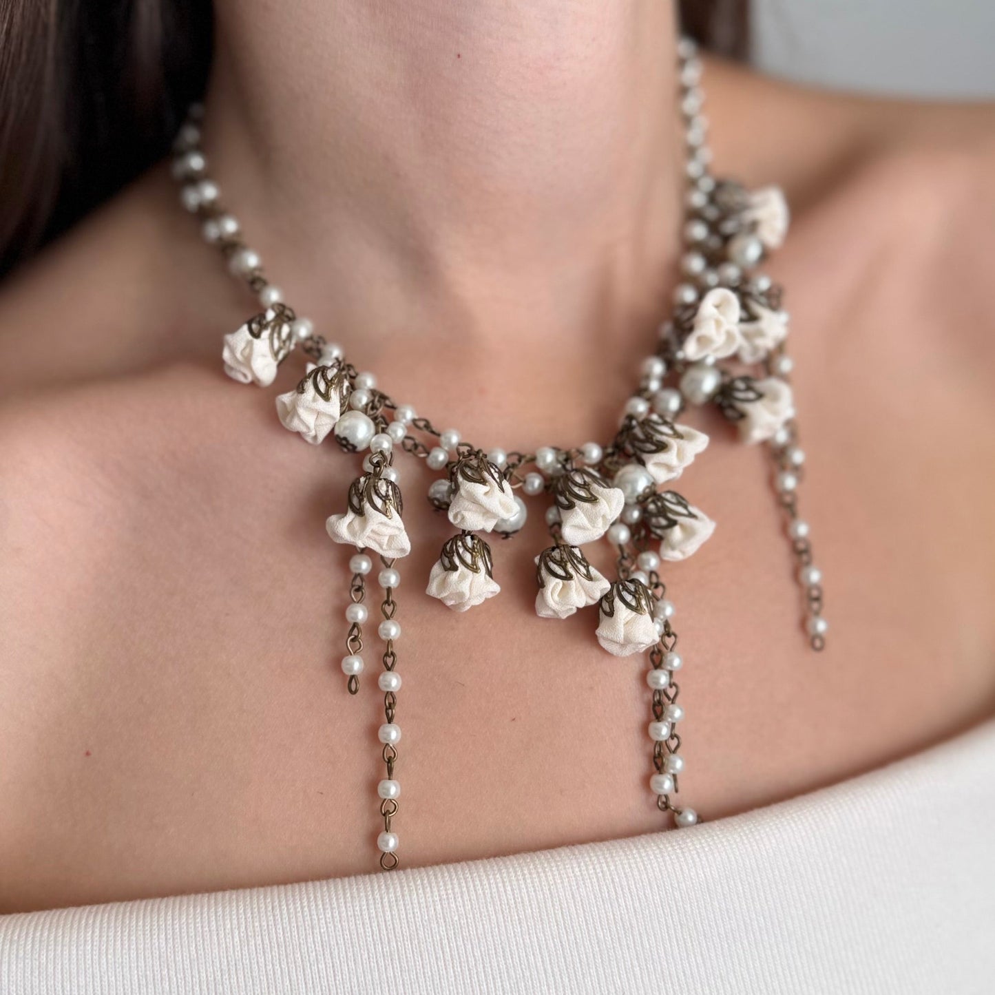 Bronze Couture Creme Floral Necklace with Silk Flowers and Freshwater Pearls