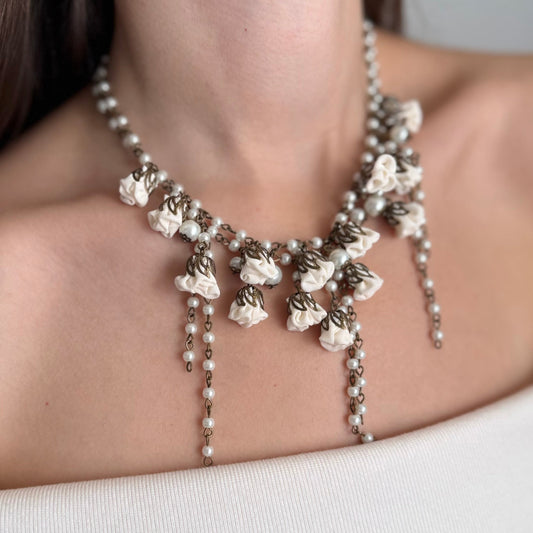 Bronze Couture Creme Floral Necklace with Silk Flowers and Freshwater Pearls