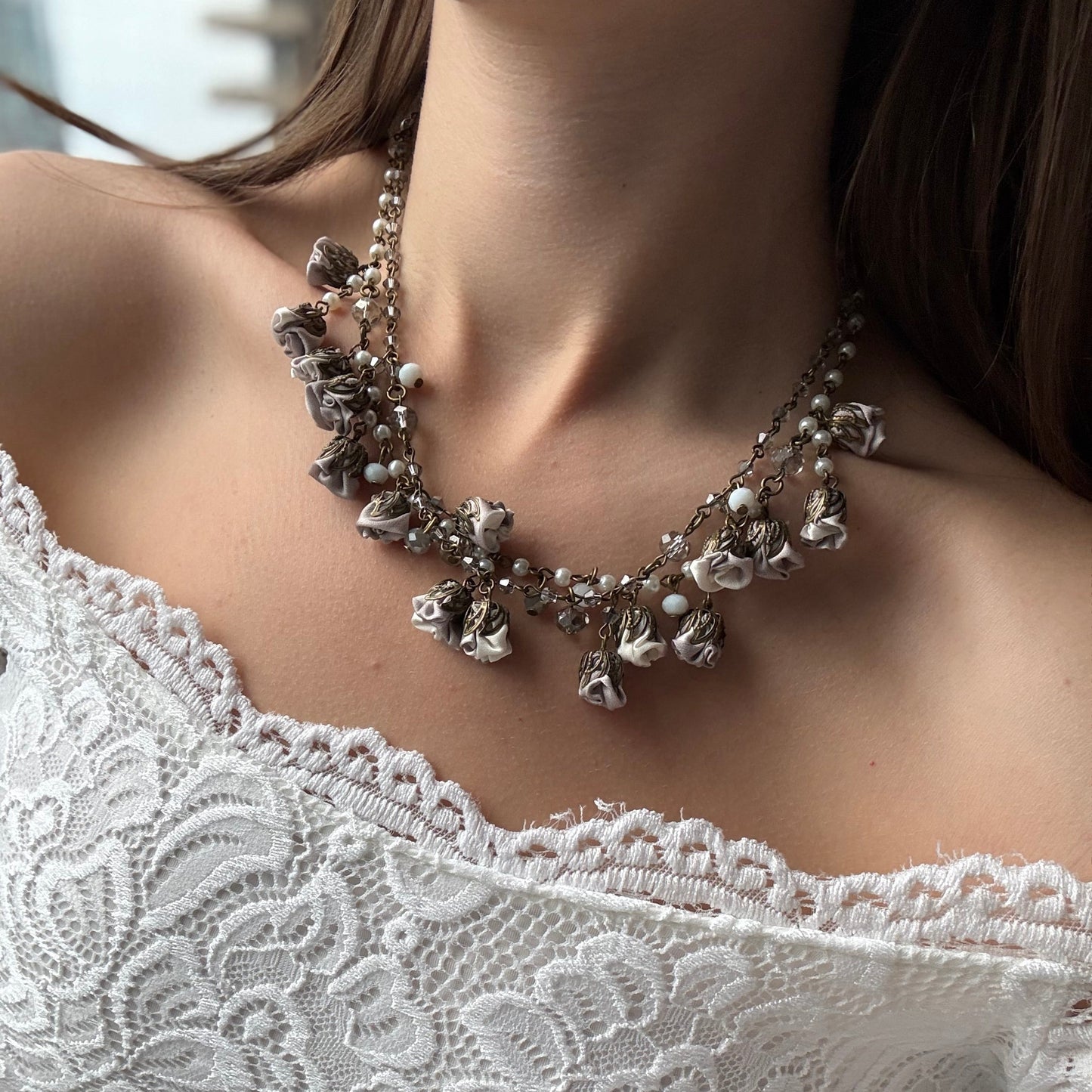 Bronze Pearl Floral Collar Statement Necklace with Almond Silk Flowers & Genuine Crystals