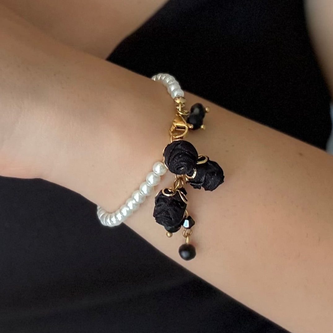 18K Gold Pearl Floral Statement Bracelet with Black Cotton Roses & Genuine Crystals