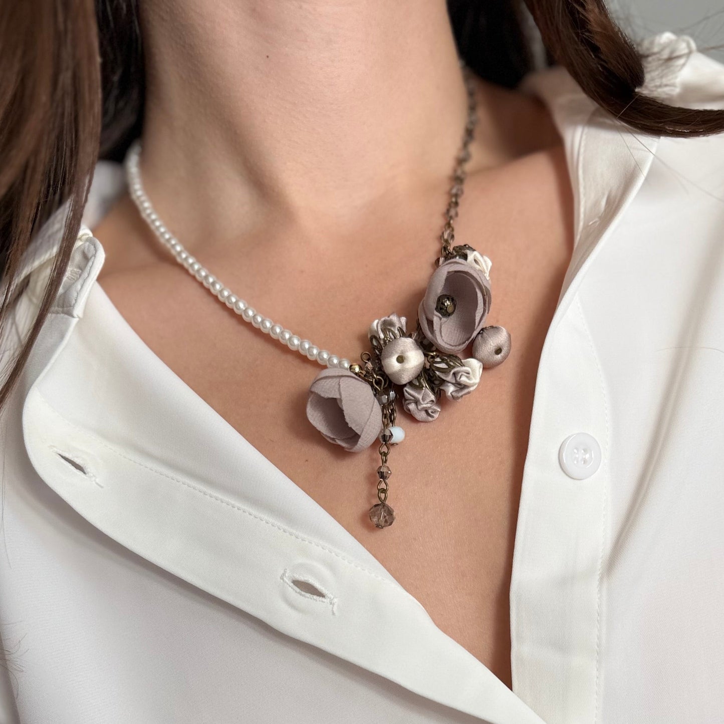 Bronze Floral Pearl Collar Statement Necklace with Almond Cotton & Silk Roses and Genuine Crystals