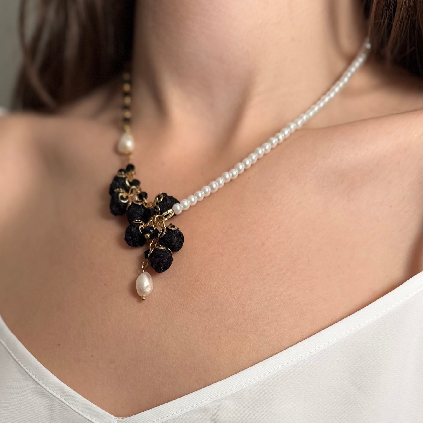 18K Gold Pearl Floral Statement Necklace with Black Cotton Roses & Genuine Crystals