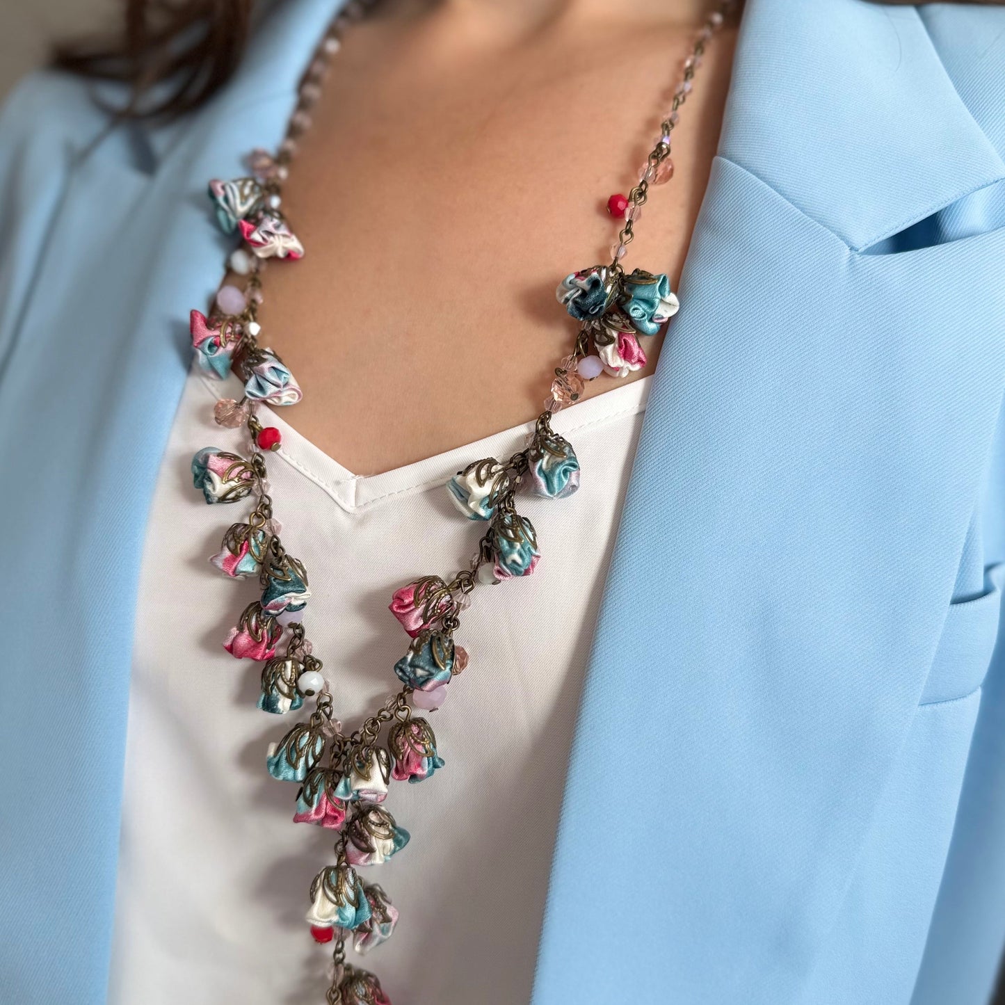 Bronze Long Floral Statement Necklace with Ruby Ciel Cotton Roses & Genuine Crystals