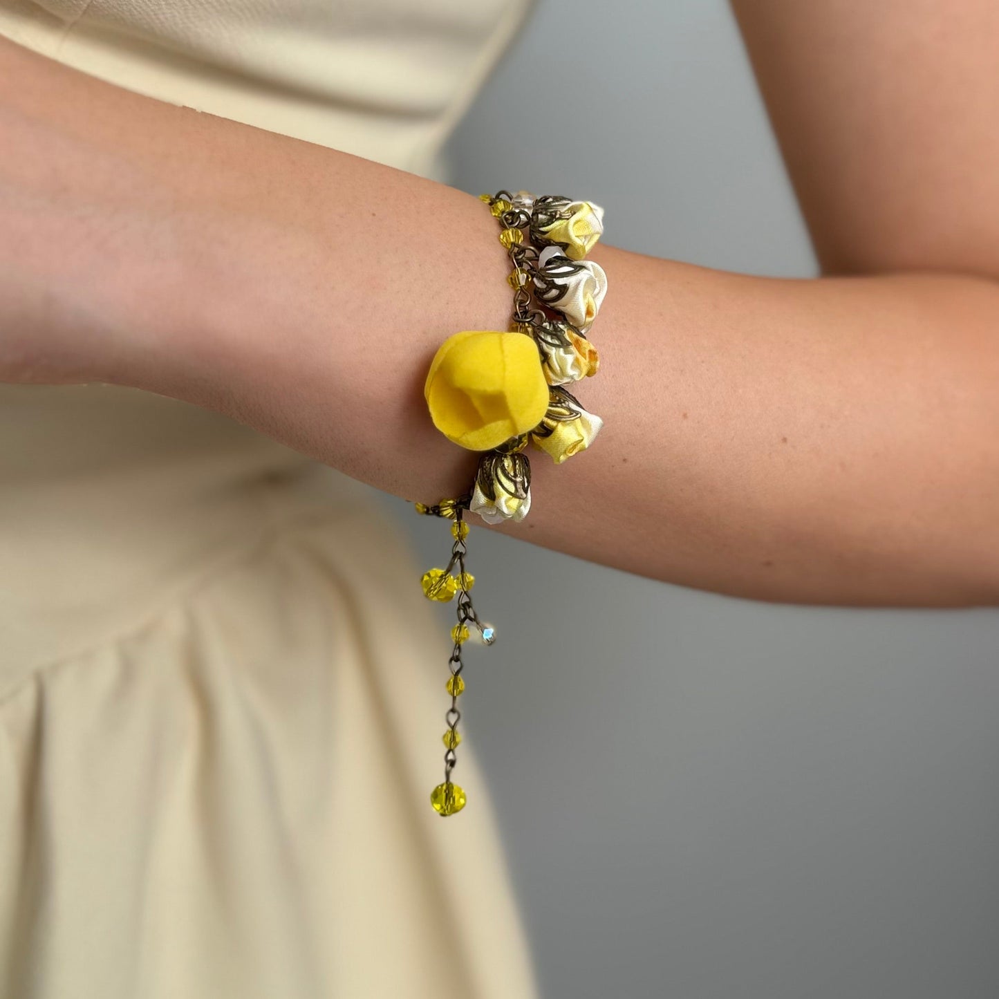 Bronze Floral Statement Bracelet with Sunglow Cotton & Silk Flowers & Genuine Crystals