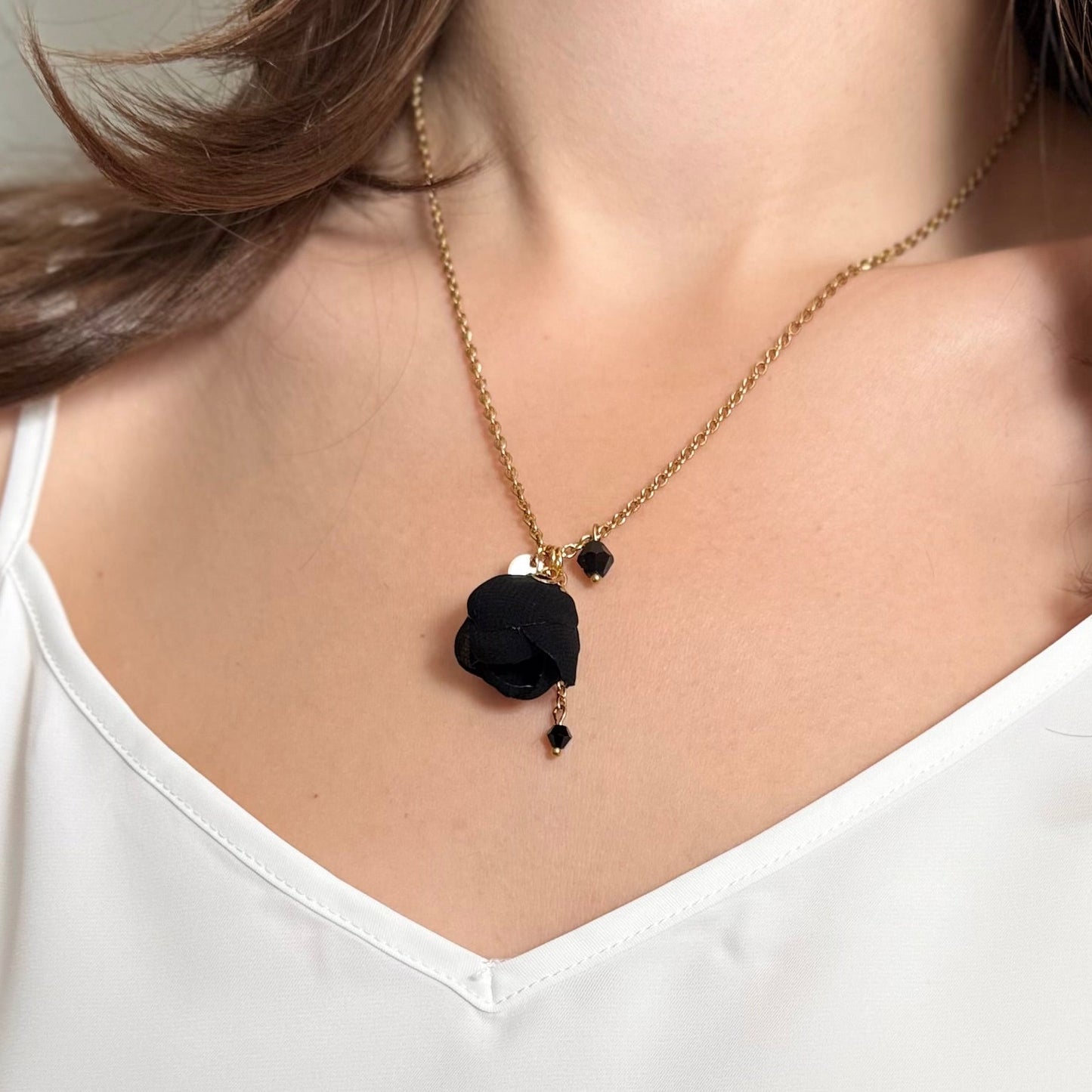 18K Gold Floral Statement Necklace with Black Cotton Rose Pendant & Genuine Crystals