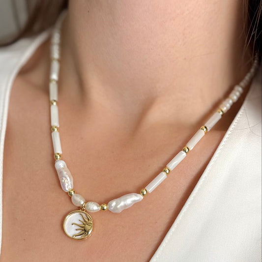 18K Gold Sun Medallion Freshwater Pearl Necklace