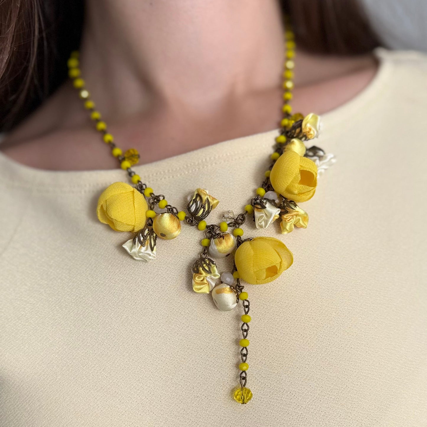 Bronze Floral Collar Statement Necklace with Sunglow Cotton & Silk Roses & Genuine Crystals