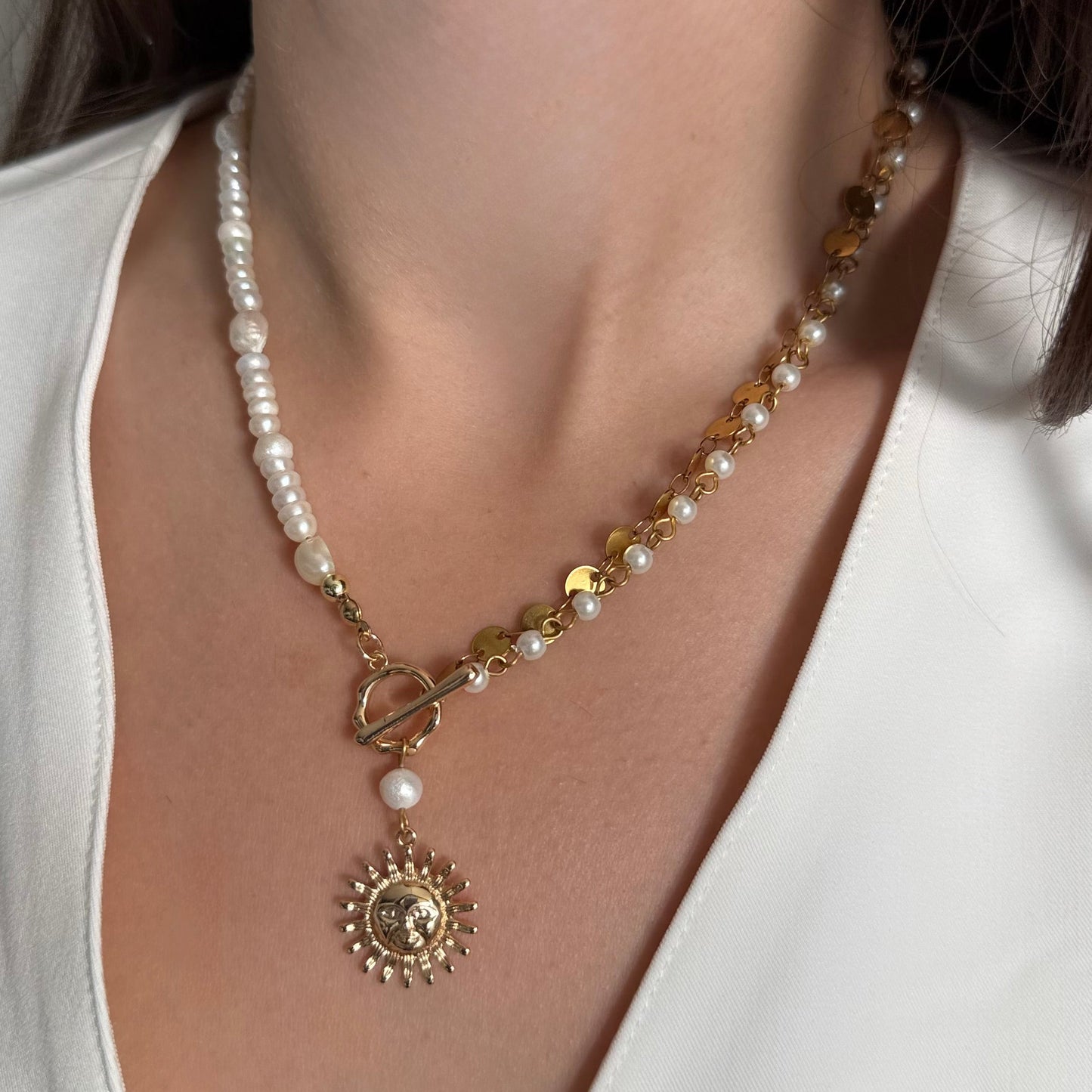 18K Gold Celestial Sun Pendant Pearl Necklace