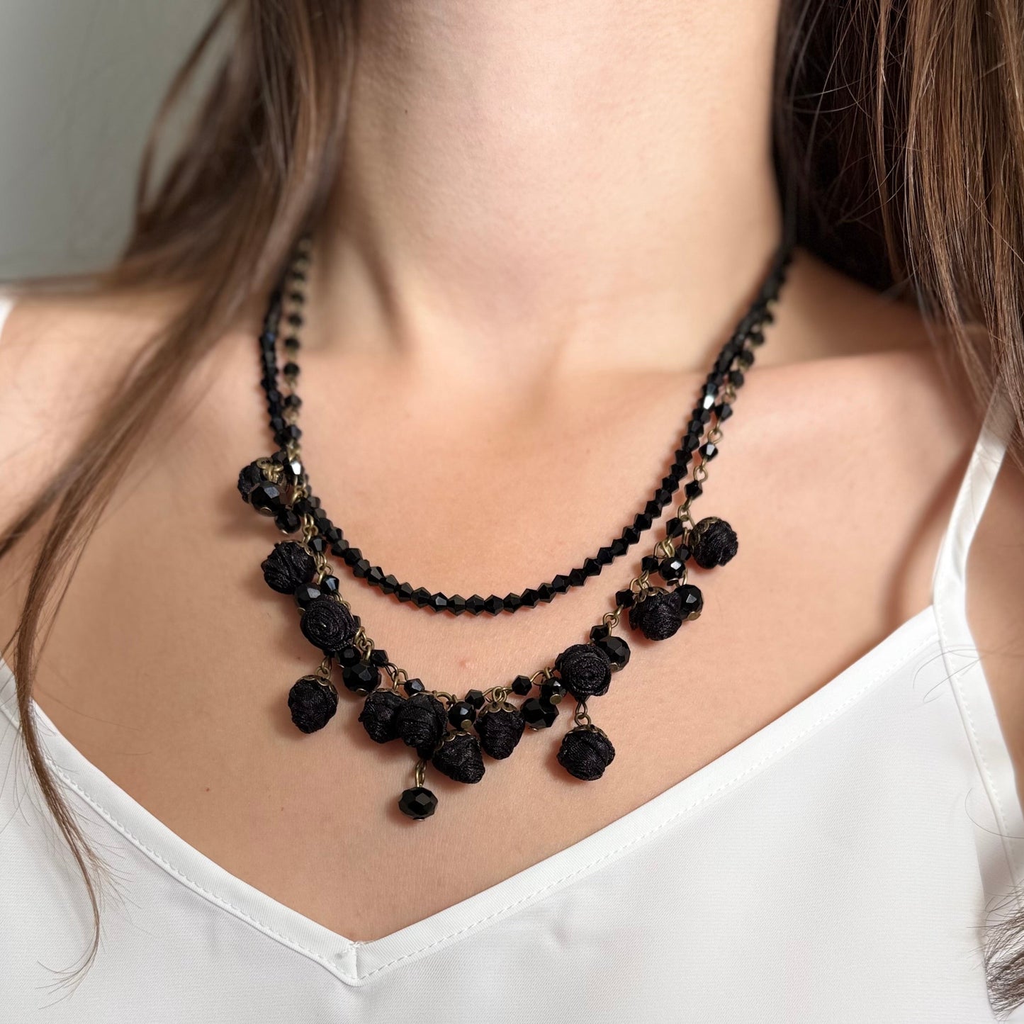 Bronze Floral Layered Statement Necklace with Black Cotton Roses & Genuine Crystals