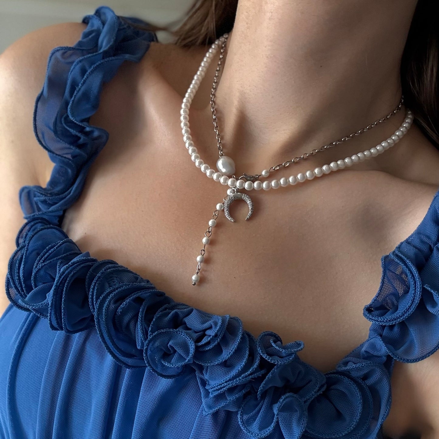 Stainless Steel Freshwater Pearl Necklace with Crystal Moon Pendant