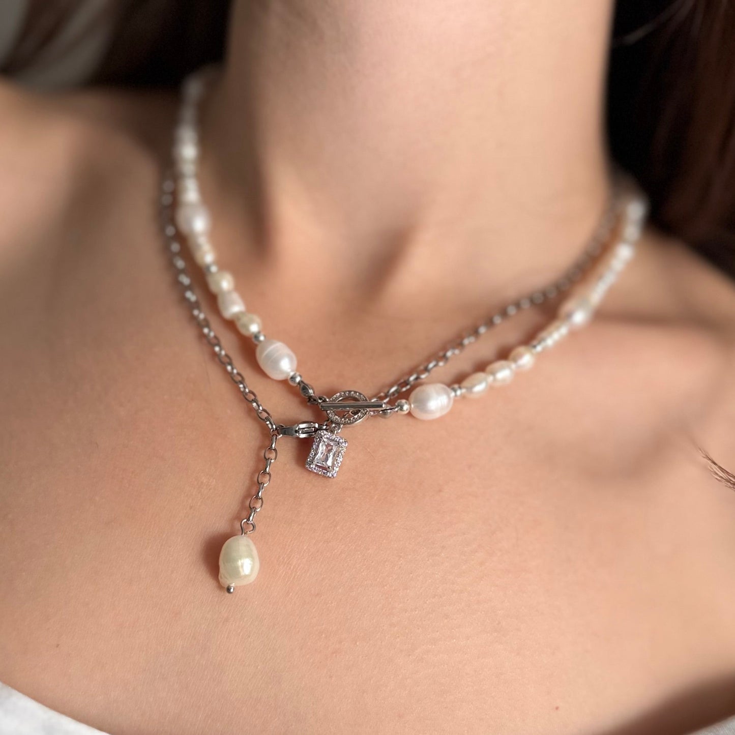 Stainless Steel Freshwater Pearl Double Necklace with Rectangle Zirconium Pendant