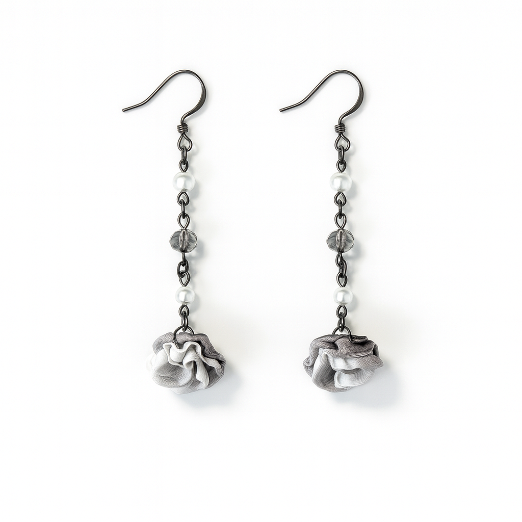 Bronze Floral Pearl Drop Earrings with Almond Silk Roses & Genuine Crystals