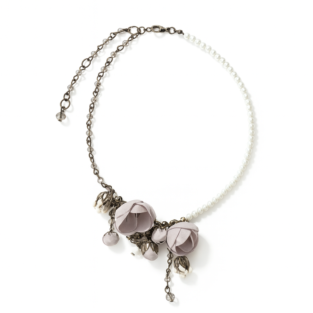 Bronze Floral Pearl Collar Statement Necklace with Almond Cotton & Silk Roses and Genuine Crystals