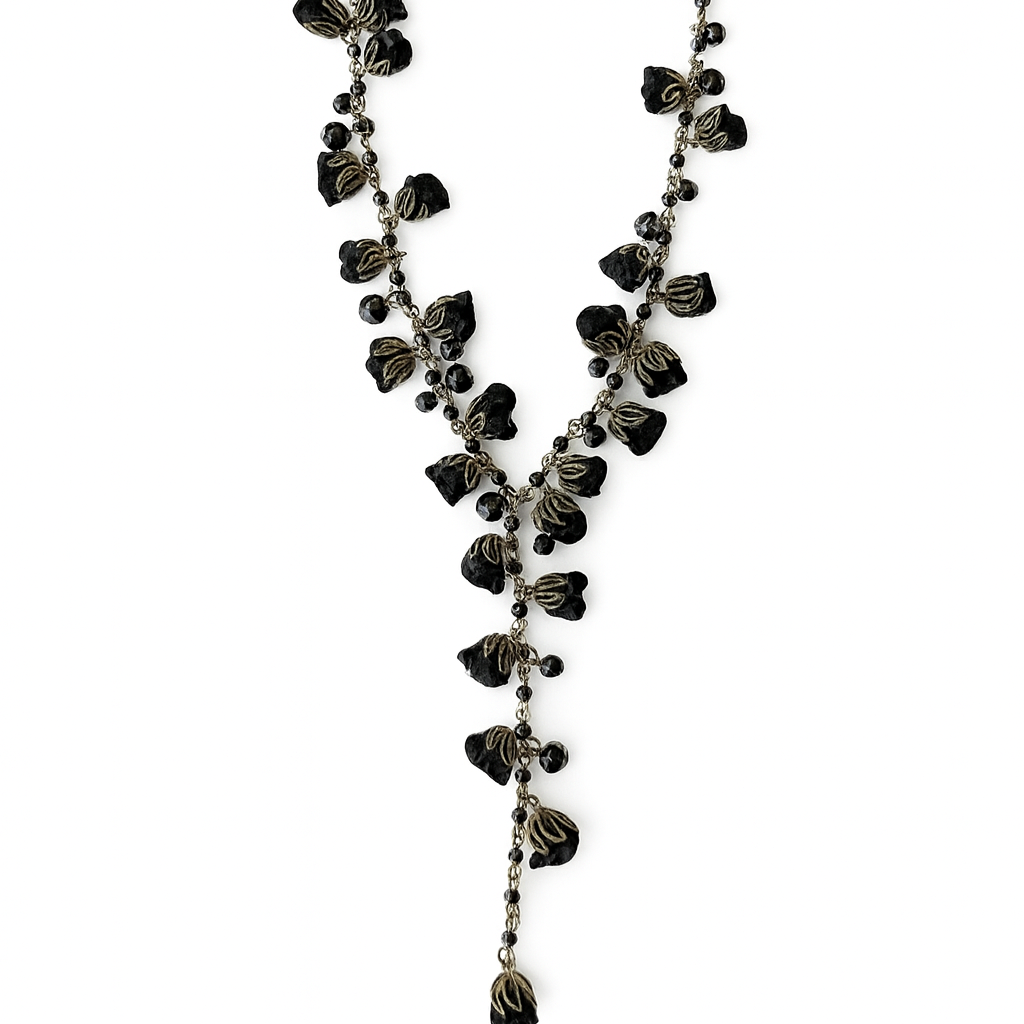 Bronze Long Floral Statement Necklace with Black Cotton Roses & Genuine Crystals