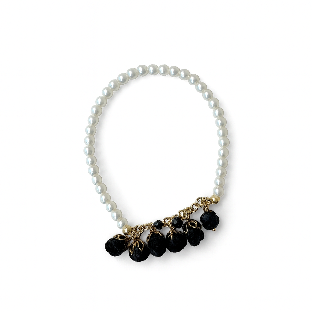18K Gold Pearl Floral Statement Bracelet with Black Cotton Roses & Genuine Crystals
