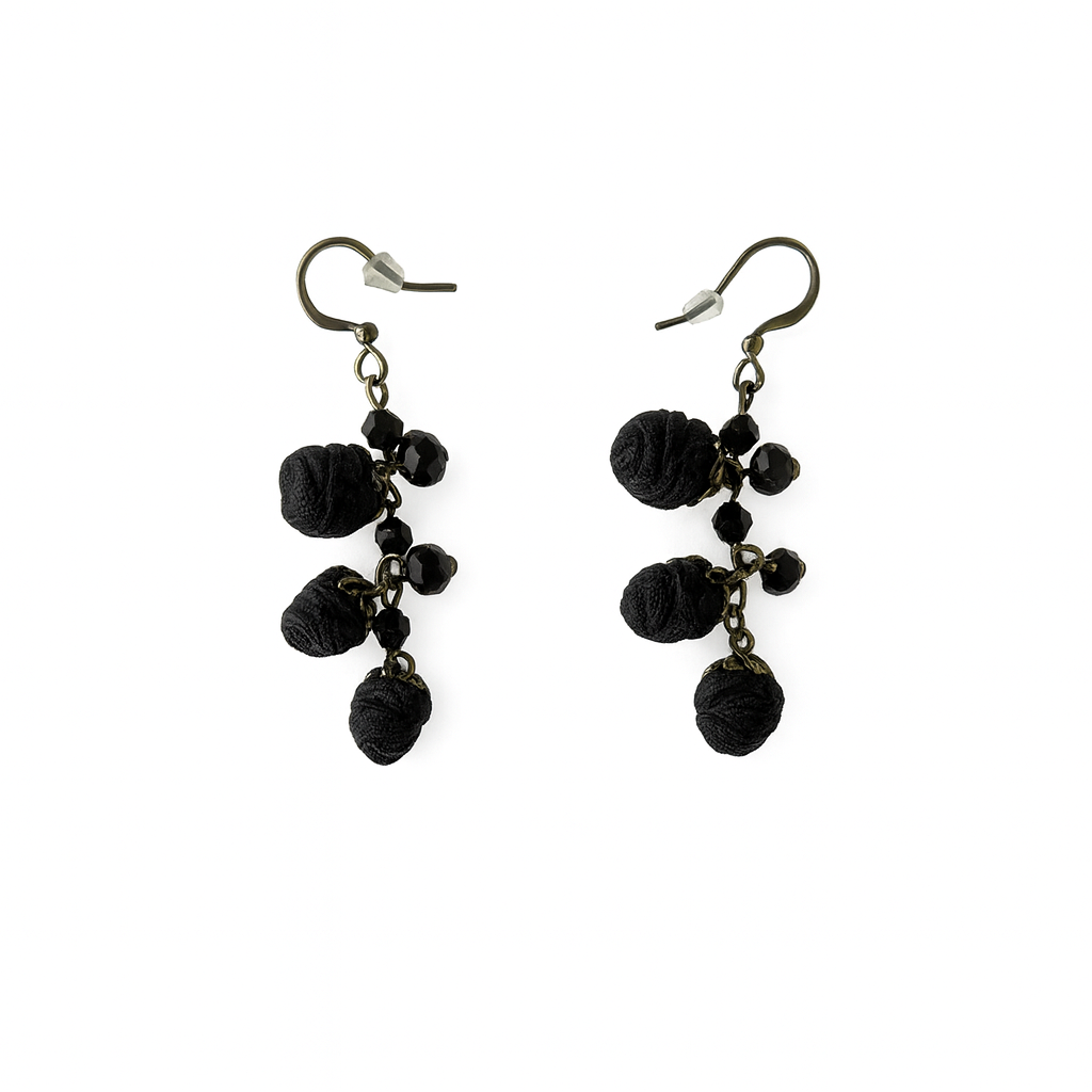 Bronze Drop Earrings with Black Cotton Roses & Genuine Crystals
