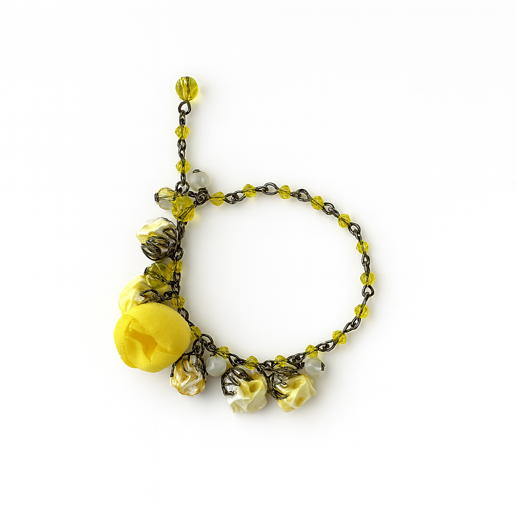 Bronze Floral Statement Bracelet with Sunglow Cotton & Silk Flowers & Genuine Crystals