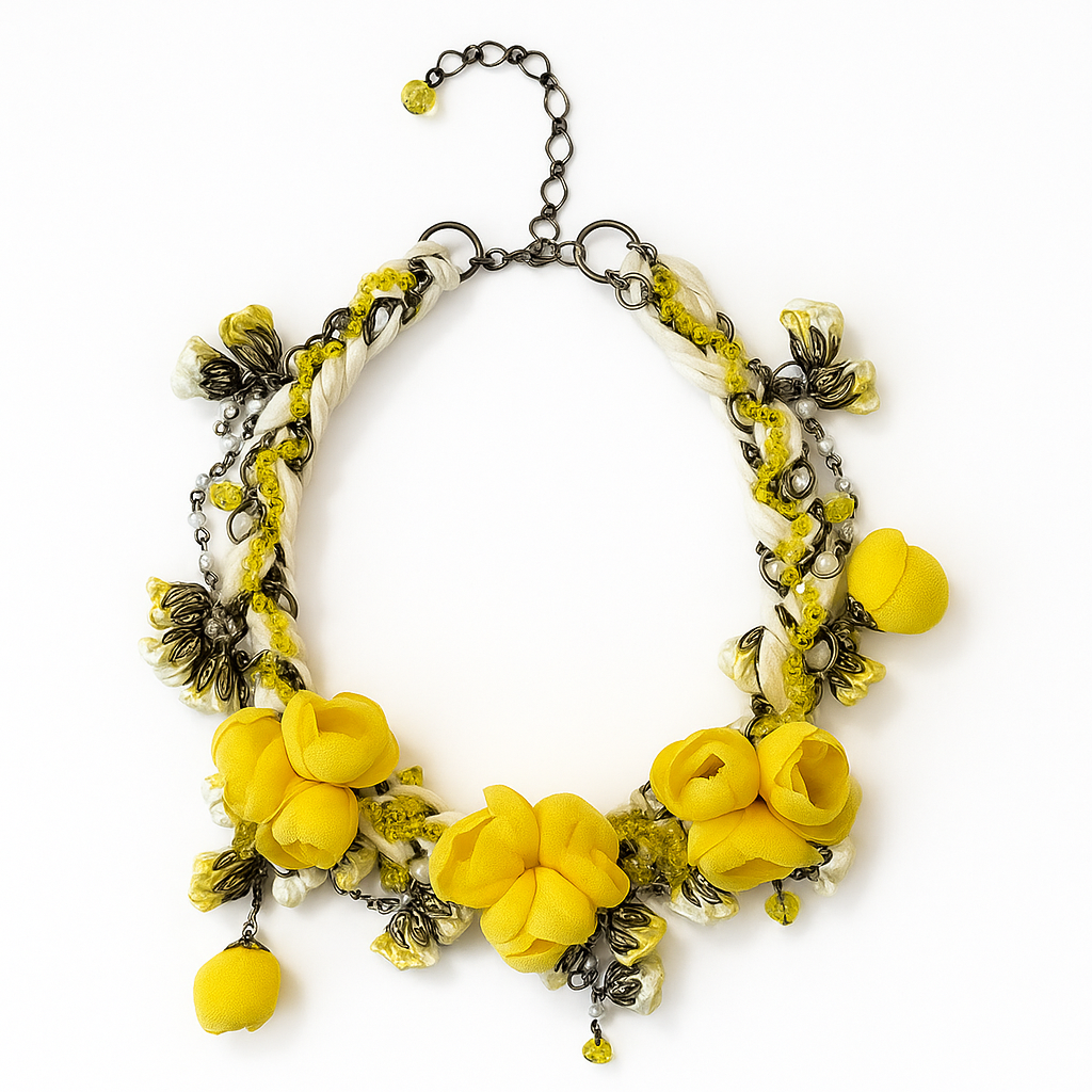Bronze Couture Sunglow Floral Necklace with Silk & Cotton Flowers and Freshwater Pearls