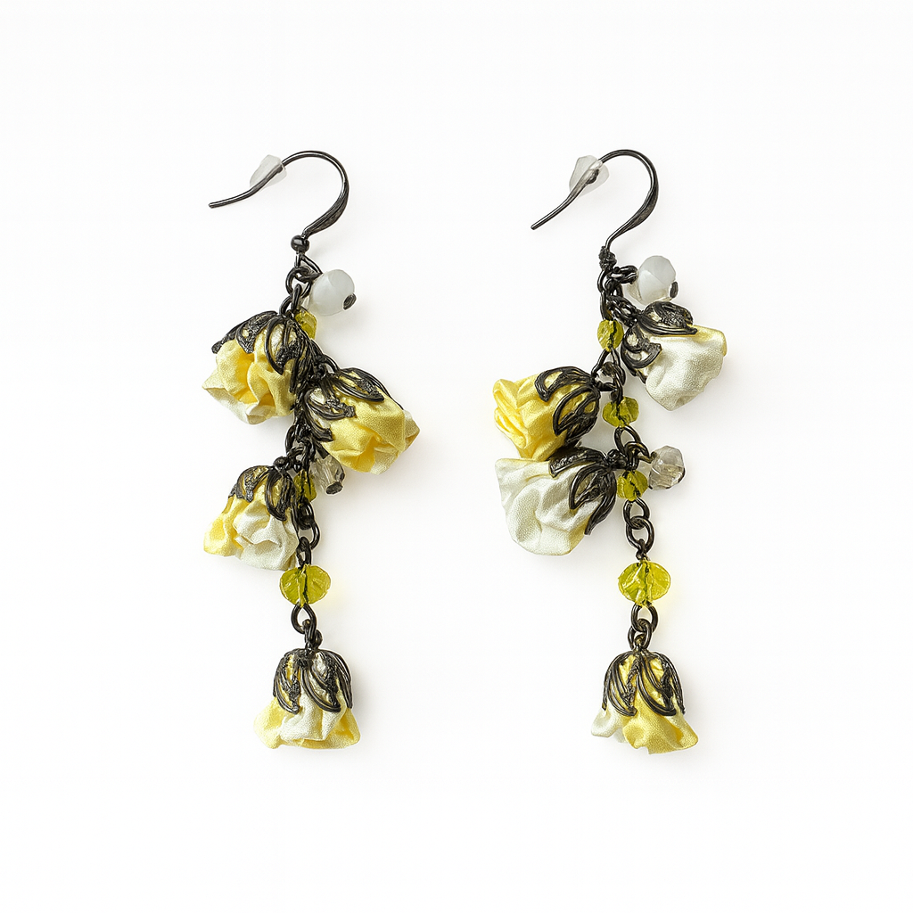 Bronze Floral Statement Earrings with Sunglow Silk Roses & Genuine Crystals