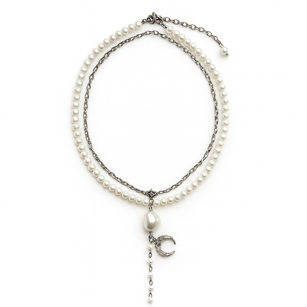 Stainless Steel Freshwater Pearl Necklace with Crystal Moon Pendant