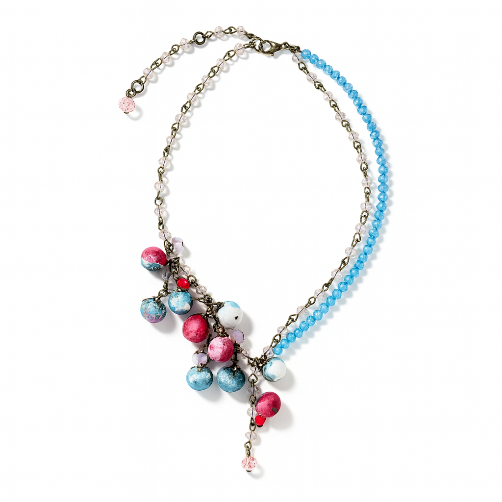 Bronze Floral Ruby Ciel Collar Statement Necklace with Cotton Flowers & Genuine Crystals