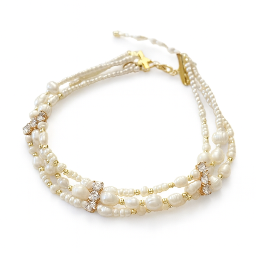 18K Gold Freshwater Pearl Multi-Strand Choker with Zirconium Crystals