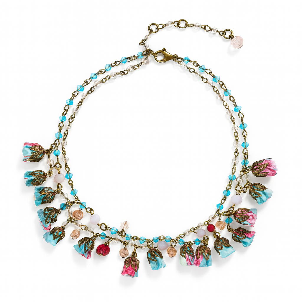 Bronze Floral Collar Statement Necklace with Ruby Ciel Silk Flowers & Genuine Crystals