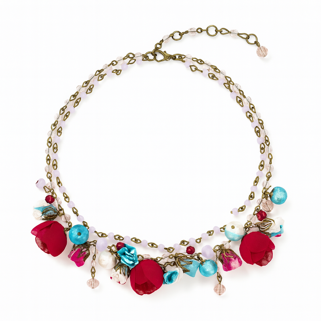 Bronze Floral Ruby Ciel Statement Collar Necklace with Cotton & Silk Roses and Genuine Crystals