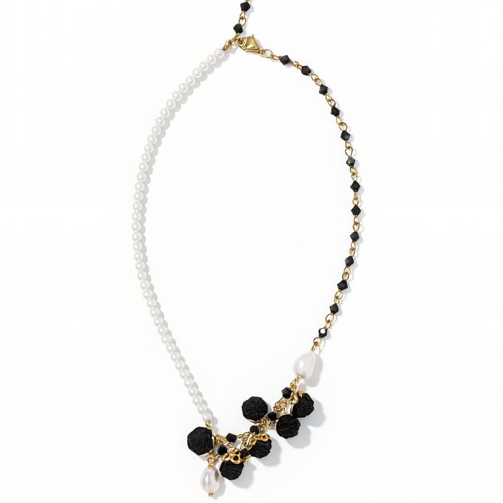 18K Gold Pearl Floral Statement Necklace with Black Cotton Roses & Genuine Crystals