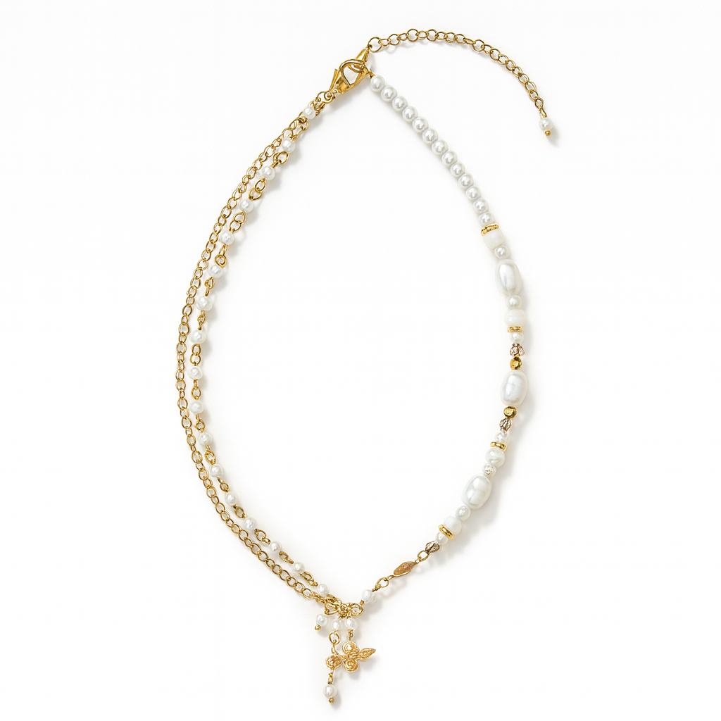 18K Gold Bee Charm Freshwater Pearl Necklace