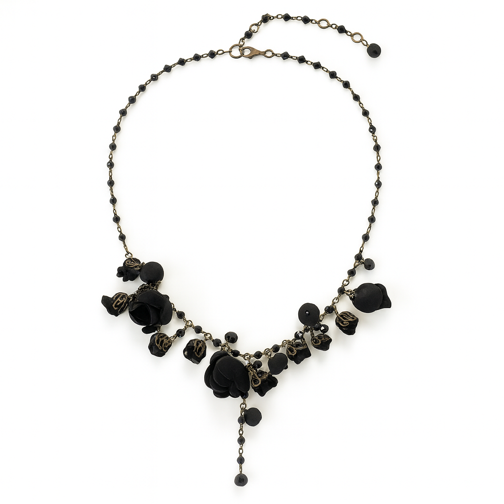 Bronze Floral Collar Statement Necklace with Black Cotton & Silk Roses & Genuine Crystals