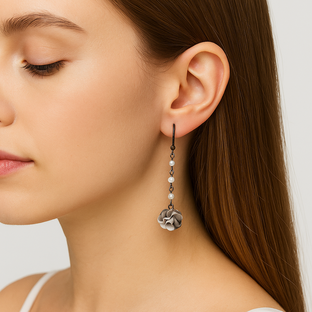 Bronze Floral Pearl Drop Earrings with Almond Silk Roses & Genuine Crystals