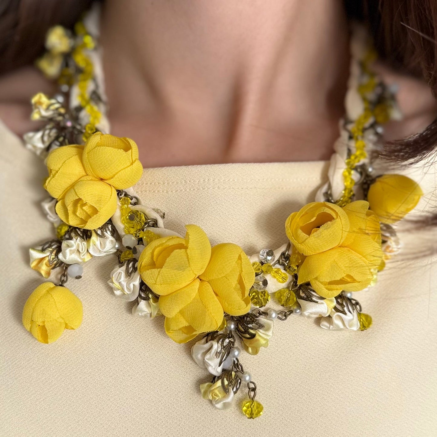 Bronze Couture Sunglow Floral Necklace with Silk & Cotton Flowers and Freshwater Pearls