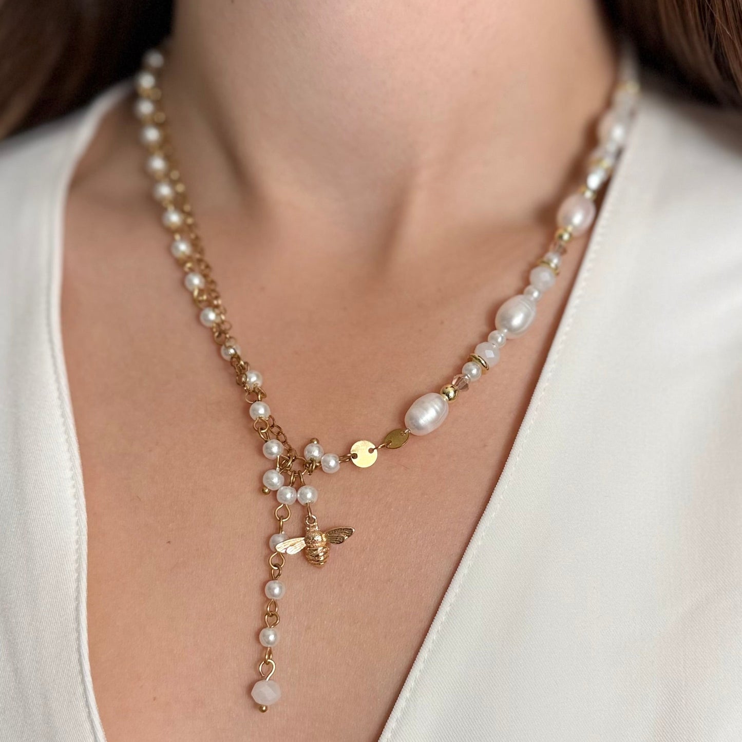 18K Gold Bee Charm Freshwater Pearl Necklace