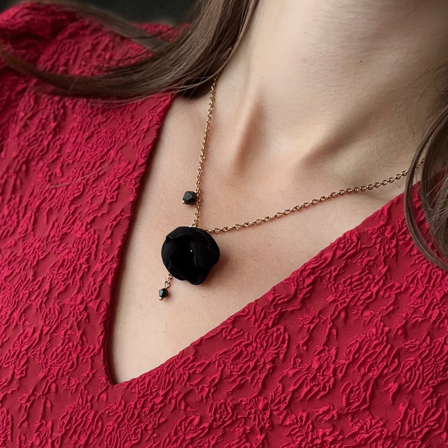 18K Gold Floral Statement Necklace with Black Cotton Rose Pendant & Genuine Crystals