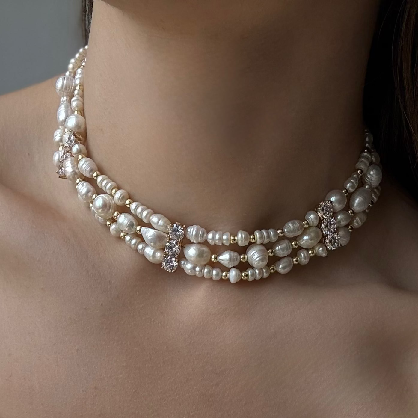 18K Gold Freshwater Pearl Multi-Strand Choker with Zirconium Crystals