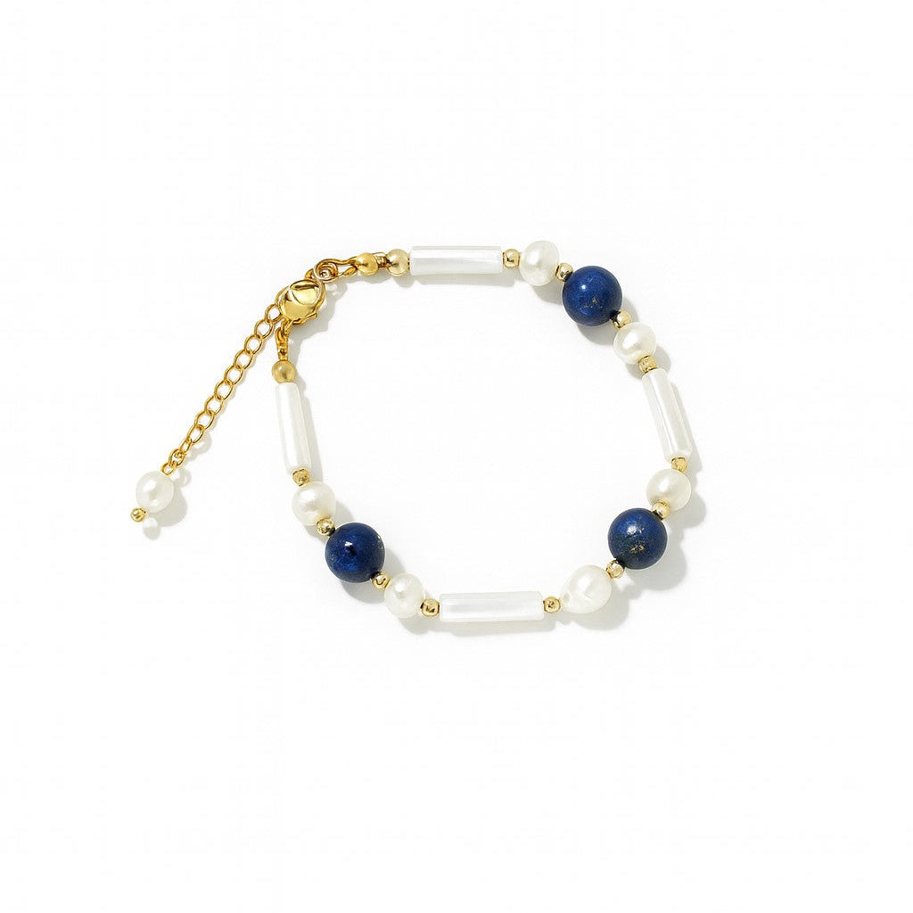 18K Gold Freshwater Pearl & Deep Blue Onyx Toggle Bracelet