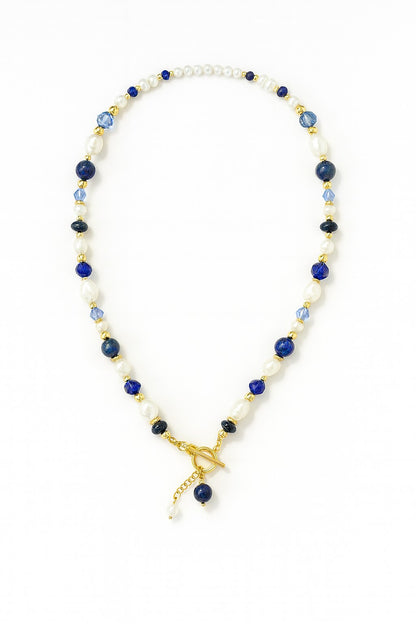 18K Gold Freshwater Pearl & Deep Blue Onyx Toggle Necklace