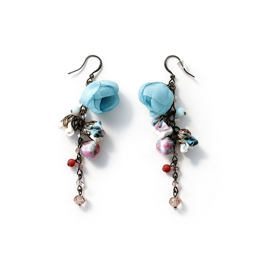 Bronze Floral Dangle Earrings with Ruby Ciel Cotton & Silk Flowers and Genuine Crystals