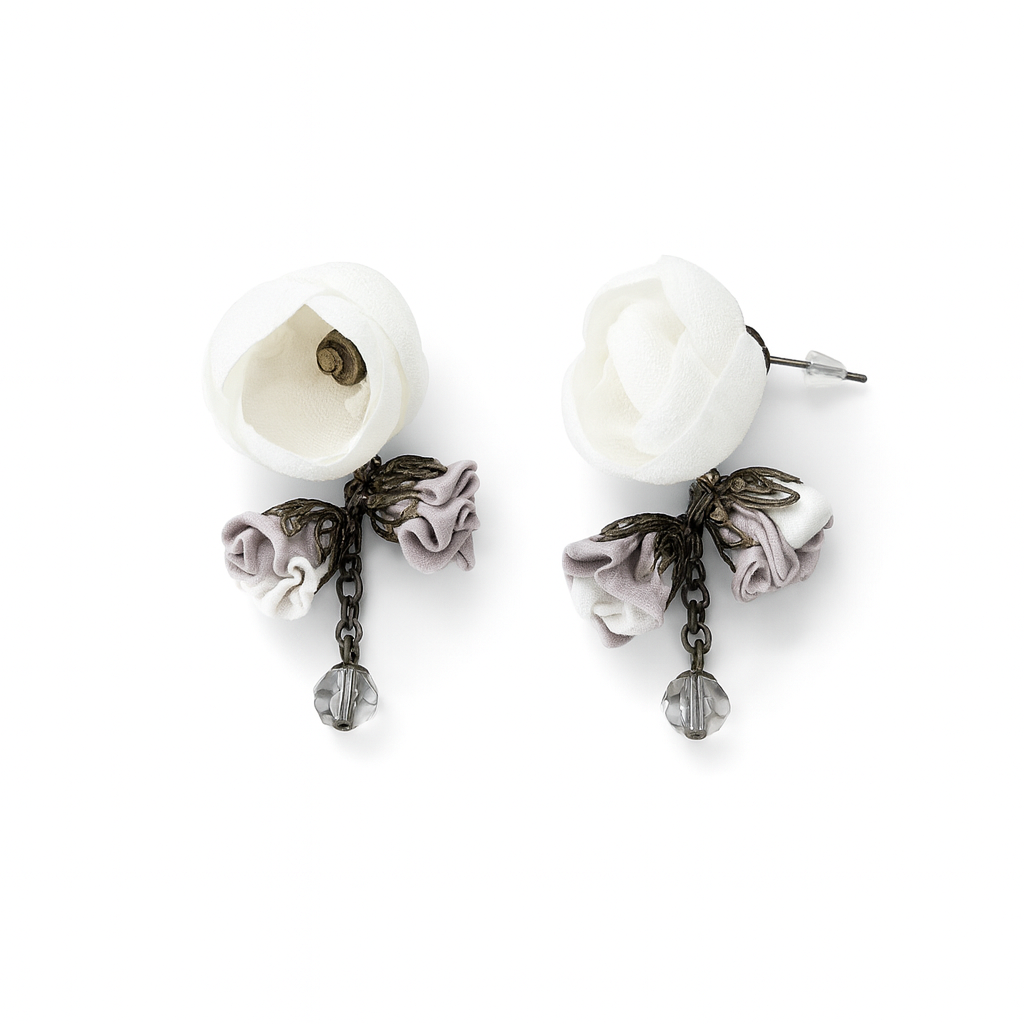 Bronze Floral Almond Drop Earrings with Cotton & Silk Flowers and Genuine Crystals