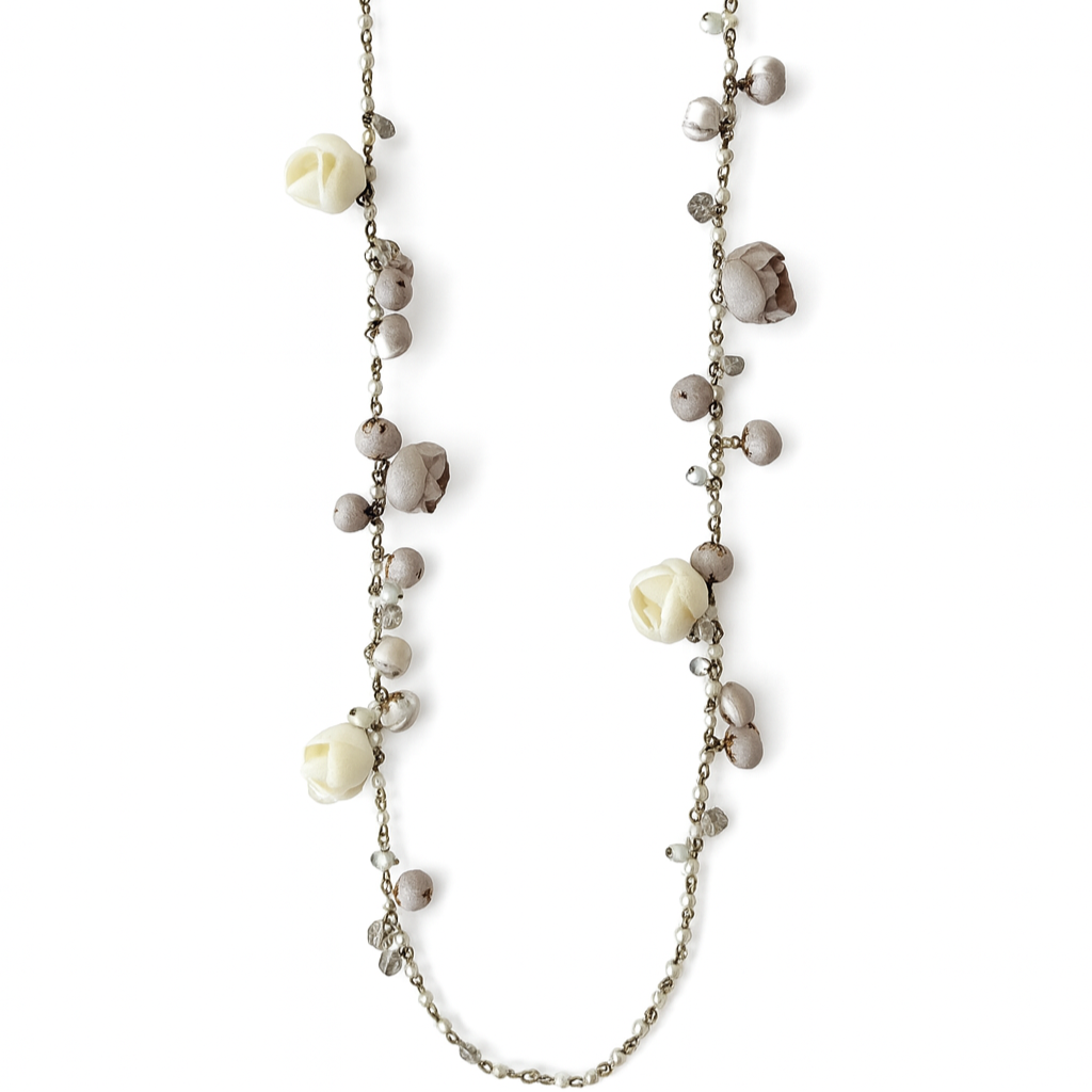 Bronze Pearl Floral Long Necklace with Almond Cotton l Roses & Genuine Crystals