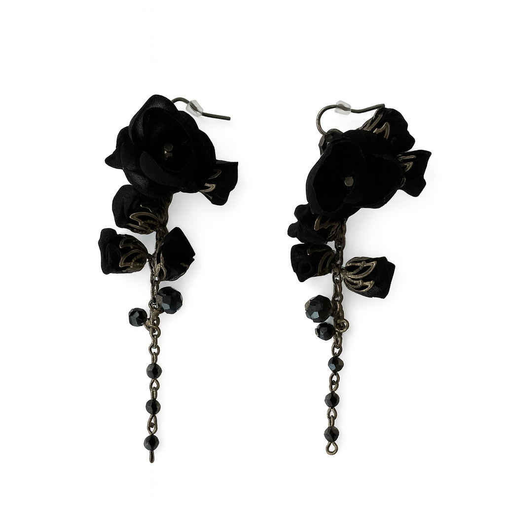 Bronze Floral Dangle Earrings with Black Cotton & Silk Roses and Genuine Crystals