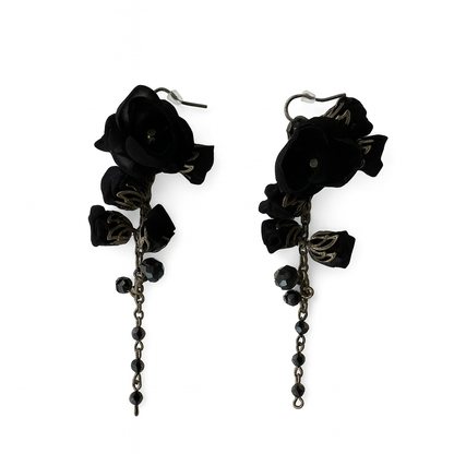 Bronze Floral Dangle Earrings with Black Cotton & Silk Roses and Genuine Crystals