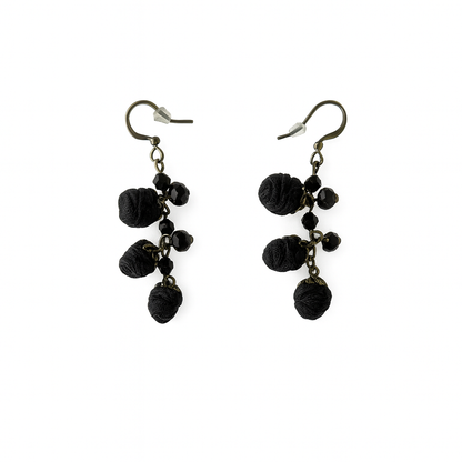 Bronze Drop Earrings with Black Cotton Roses & Genuine Crystals