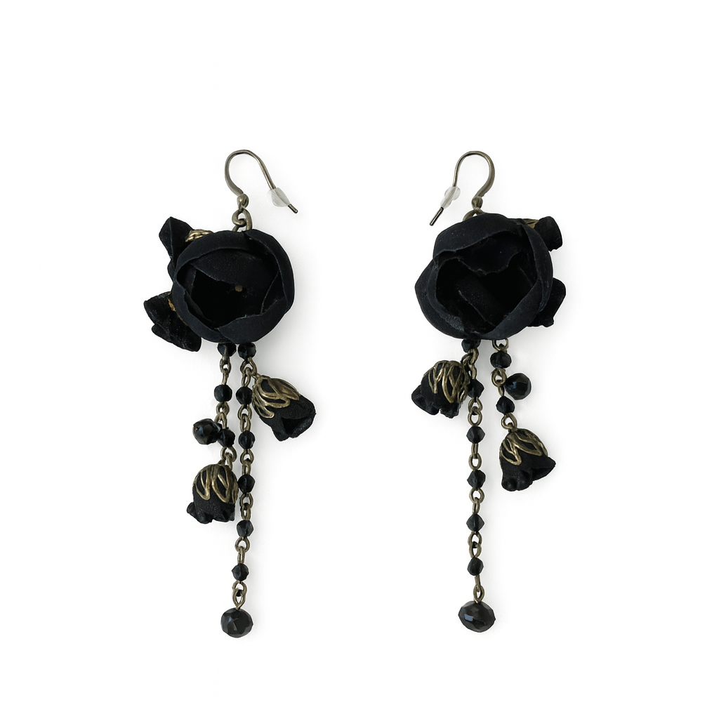 Bronze Dangle Earrings with Black Cotton & Silk Roses and Genuine Crystals