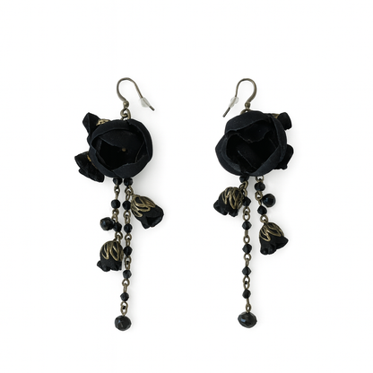 Bronze Dangle Earrings with Black Cotton & Silk Roses and Genuine Crystals