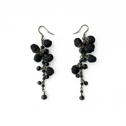 Bronze Long Dangle Earrings with Black Cotton Roses & Genuine Crystals