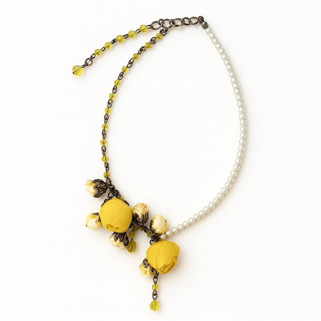 Bronze Floral Pearl Collar Statement Necklace with Sunglow Cotton & Silk Roses and Genuine Crystals